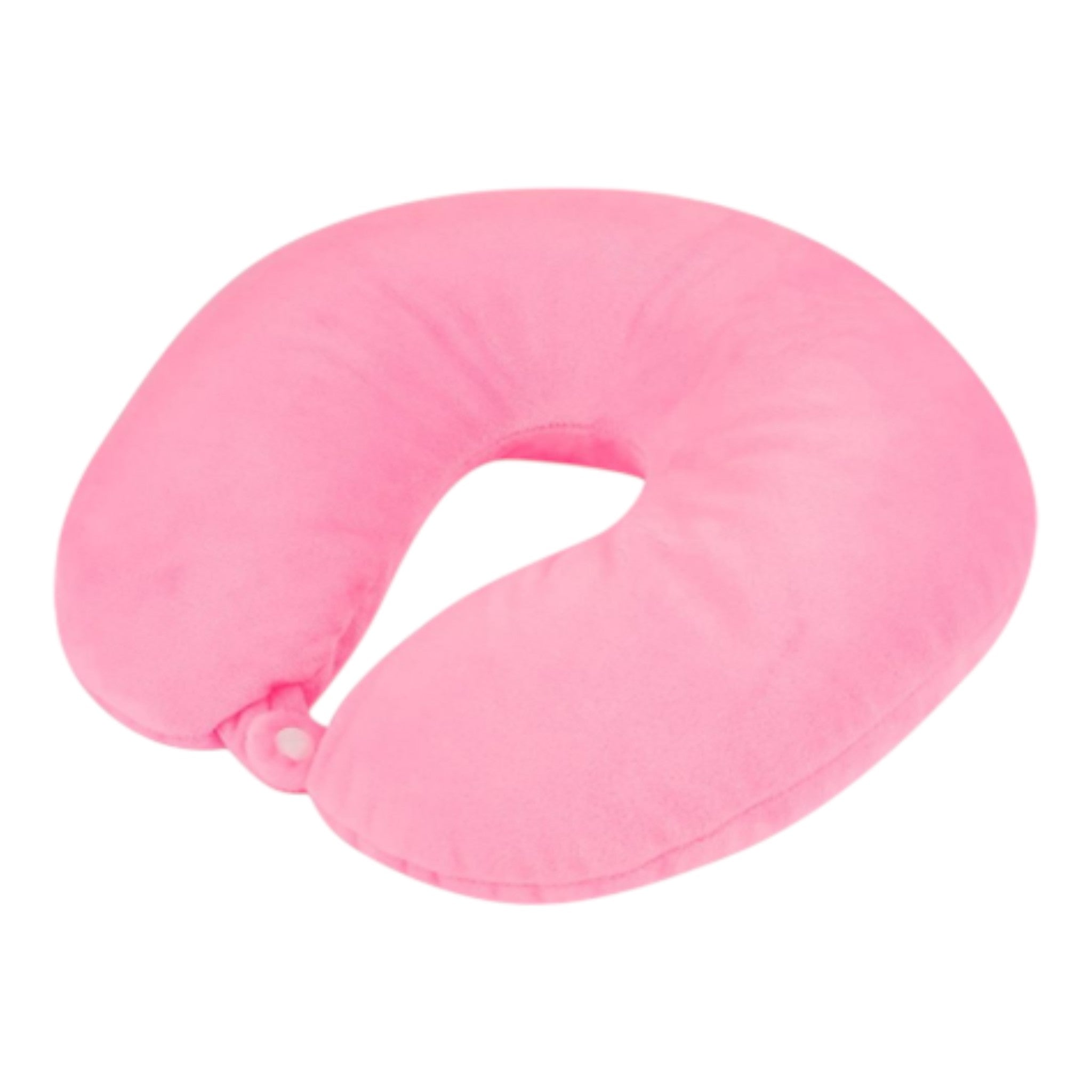 Soft memory foam travel neck pillows in pink – U-shaped ergonomic design with button clasp for support and comfort on flights and long journeys